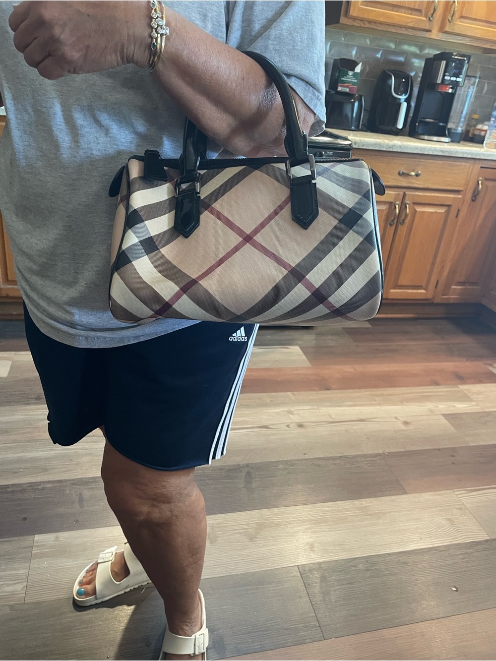 Burberry Beige Check Satchel with Black Handles and Maroon Lines